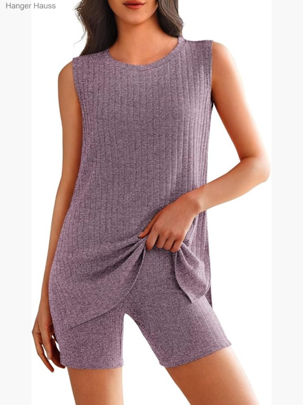 2 Piece Lounge Set Ribbed Knit Pajamas Sleeveless Sleepwear Biker Shorts